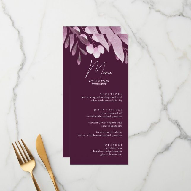 Elegant Burgundy Big Leaf Wedding Menu Cards (Front/Back In Situ)