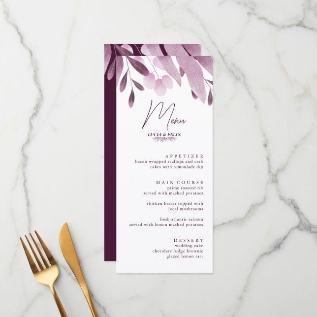 Elegant Burgundy Big Leaf Wedding Menu Cards (Front/Back In Situ)