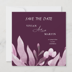 Elegant Burgundy Big Leaves Monogram Save The Date Invitation