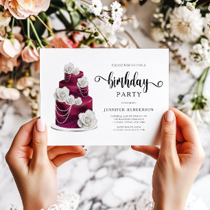 Elegant Burgundy Birthday Cake Party Invitation
