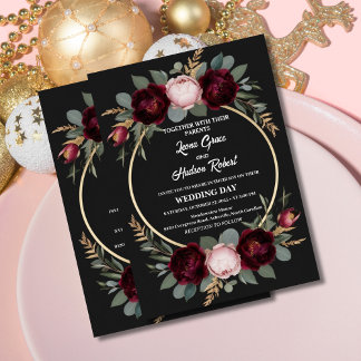 Elegant Burgundy, Black, and Gold Floral Wedding Invitation