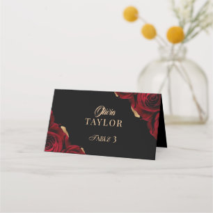 Elegant Burgundy Black and Gold Roses Wedding Place Card