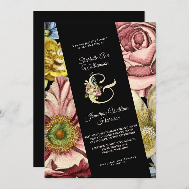 Elegant Burgundy Black Gold Floral Wedding Invitation (Front/Back)