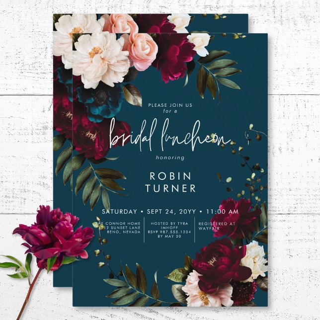 Elegant Burgundy & Blue Floral Bridal Luncheon Invitation (Elegant Burgundy & Blue Floral Bridal Luncheon Invitation)