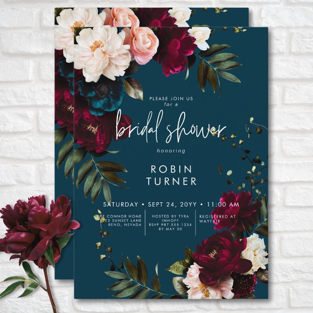 Elegant Burgundy & Blue Floral Bridal Shower Invitation (Elegant Burgundy & Blue Floral Bridal Shower Invitation)