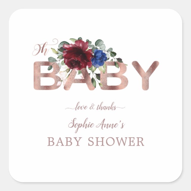 Elegant Burgundy Blue Floral Gold Boy Baby Shower Square Sticker (Front)