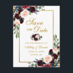 Elegant Burgundy Blue Floral Gold Save the Date Announcement Postcard<br><div class="desc">Modern Elegant,  Watercolor Burgundy Marsala Blue Floral,  Gold Save The Date Engagement Postcard</div>
