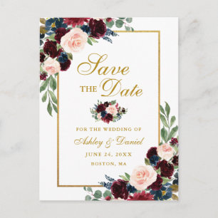 Elegant Burgundy Blue Floral Gold Save the Date Announcement Postcard