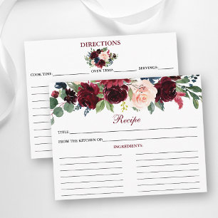 Elegant Burgundy Blue Floral Shower Recipe Card
