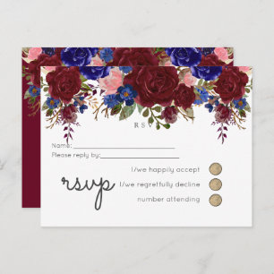 Elegant Burgundy Blue Floral Wedding Budget Invitation Postcard