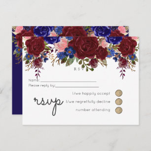 Elegant Burgundy Blue Floral Wedding Budget RSVP Invitation Postcard