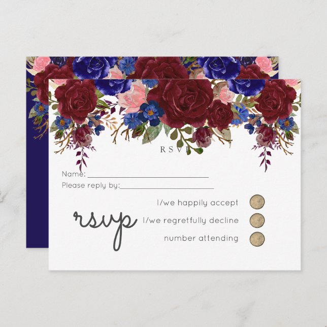 Elegant Burgundy Blue Floral Wedding Budget RSVP Invitation Postcard (Front/Back)