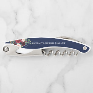 Elegant Burgundy Blue Floral Wedding Corkscrew