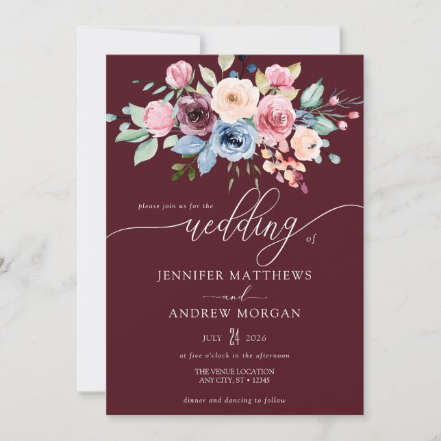 Elegant Burgundy Blue Flowers QR Code Wedding Invitation (Front)