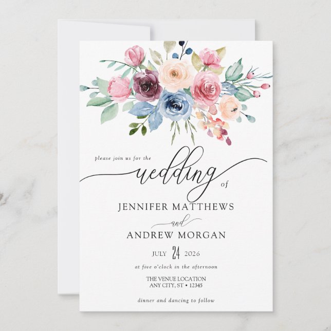 Elegant Burgundy Blue Flowers QR Code Wedding Invitation (Front)