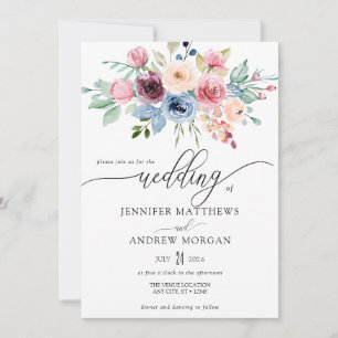 Elegant Burgundy Blue Flowers QR Code Wedding Invitation