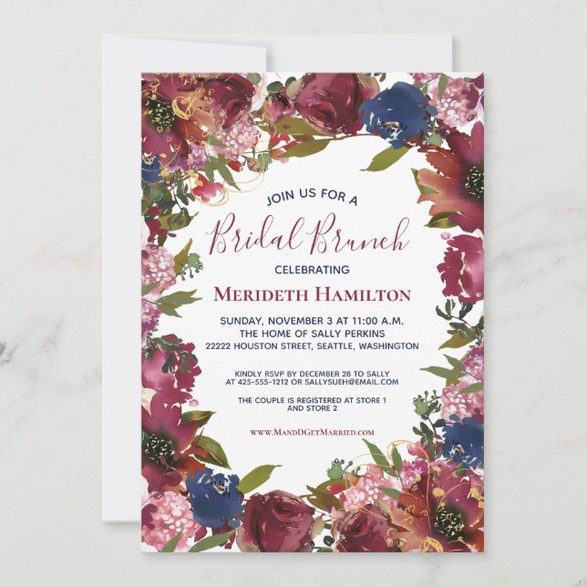 Elegant Burgundy Blue Gold Floral Bridal Shower Invitation (Front)