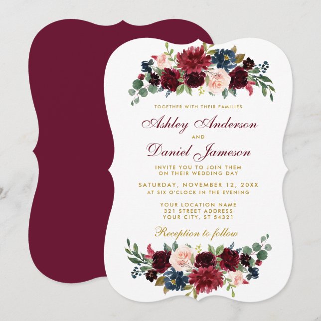 Elegant Burgundy Blue Watercolor Floral Wedding BR Invitation (Front/Back)