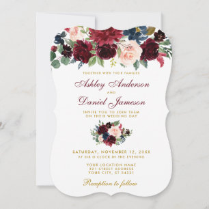 Elegant Burgundy Blue Watercolor Floral Wedding W Invitation