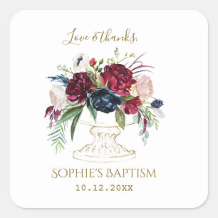 Elegant Burgundy Blue Watercolor Flowers Baptism Square Sticker