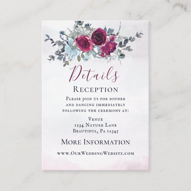 Elegant Burgundy Blue White Roses Wedding Enclosure Card (Front)