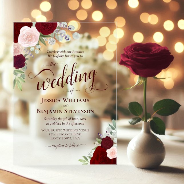 Elegant Burgundy & Blush Boho Roses Fancy Wedding Acrylic Invitations (Clear Acrylic with Rectangle Cut)