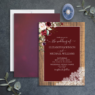 Elegant Burgundy Blush Botanical Wood Wedding Invitation