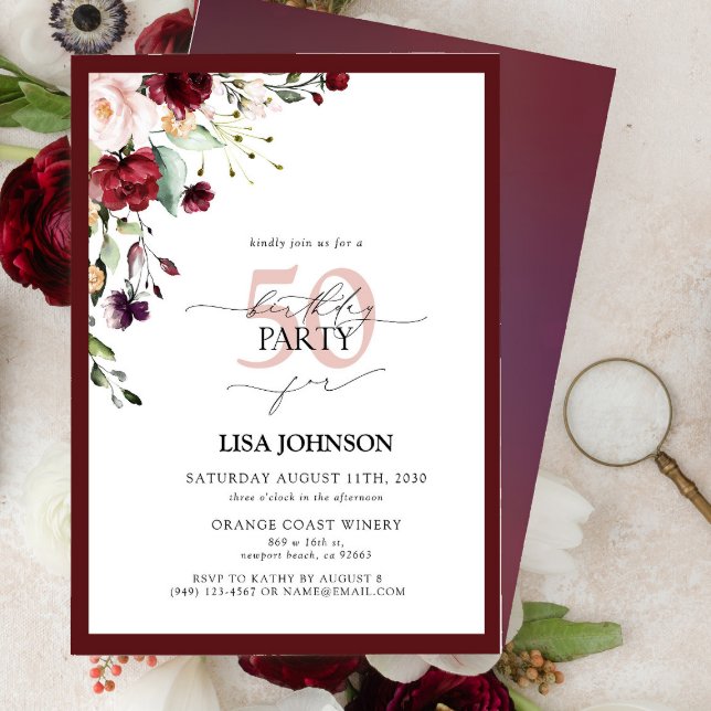 Elegant Burgundy Blush Floral 50th Birthday Invitation (Creator Uploaded)