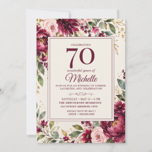 Elegant Burgundy Blush Floral 70th Birthday Invitation