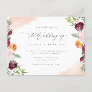 Elegant Burgundy Blush Floral Botanical Wedding Invitation Postcard