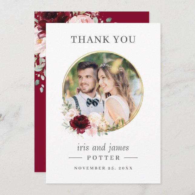 Elegant Burgundy Blush Floral Circle Gold Wedding Thank You Card (Front/Back)