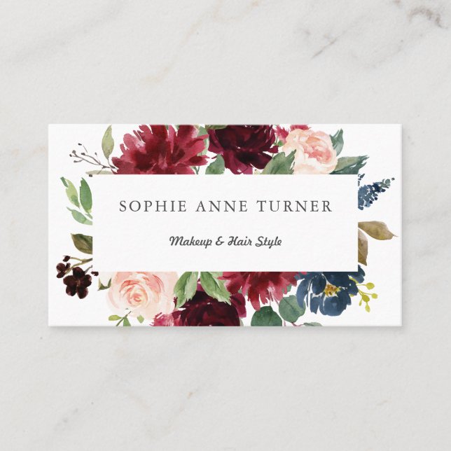 Elegant Burgundy Blush Floral Frame Makeup Artist Business Card (Front)
