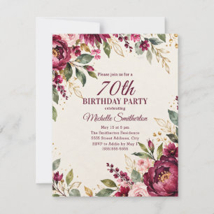Elegant Burgundy Blush Floral Gold 70th Birthday Invitation