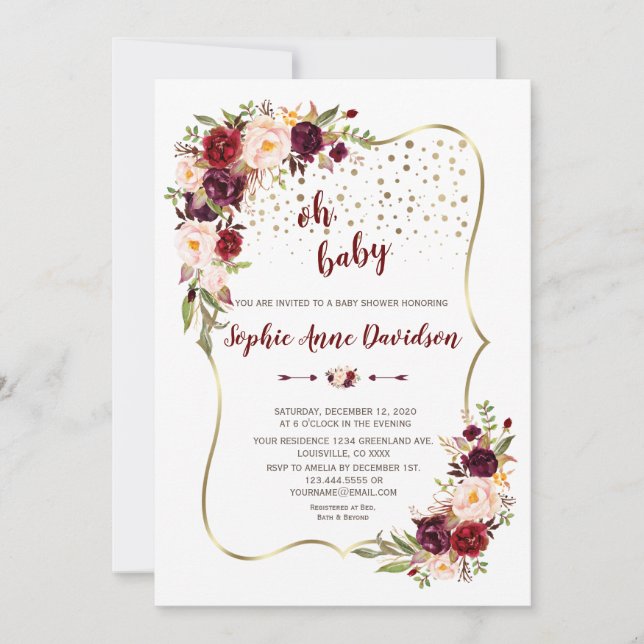 Elegant Burgundy Blush Floral Gold Baby Shower Invitation (Front)