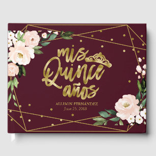 Elegant Burgundy Blush Floral Gold Quinceanera Guest Book