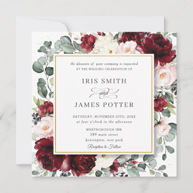 Elegant Burgundy Blush Floral Gold Wedding Square Invitation (Front)