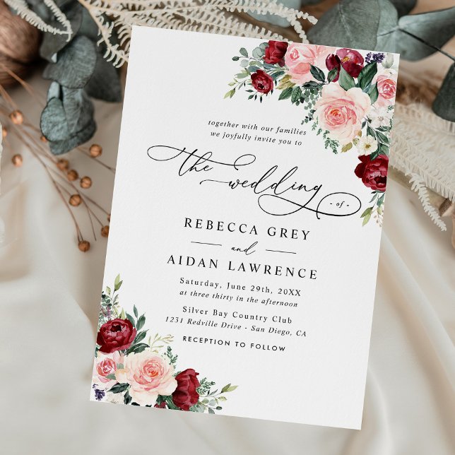 Elegant Burgundy Blush Floral Greenery Wedding Invitation (Creator Uploaded)