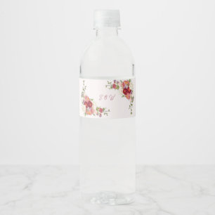 Elegant Burgundy Blush Floral Monogram Wedding Water Bottle Label