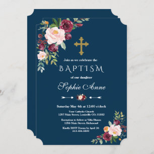 Elegant Burgundy Blush Floral Navy Girl Baptism Invitation