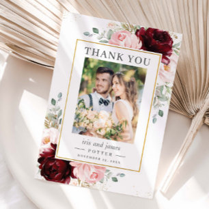 Elegant Burgundy Blush Floral Photo Wedding Thank You Card