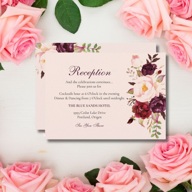 Elegant Burgundy & Blush Floral Reception Enclosur Enclosure Card (Creator Uploaded)