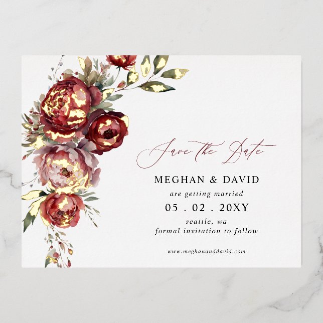 Elegant Burgundy Blush Floral Save the Date Foil Invitation Postcard (Front)