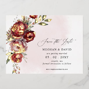Elegant Burgundy Blush Floral Save the Date Foil Invitation Postcard