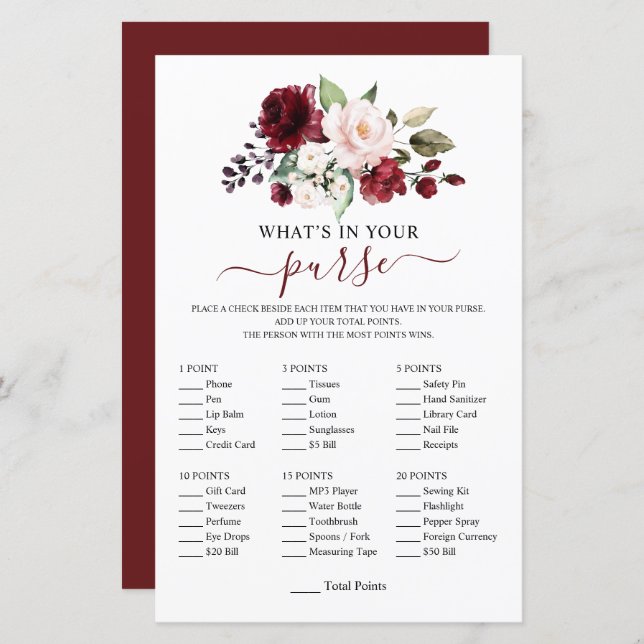 Elegant Burgundy Blush Floral Shower Game (Front/Back)
