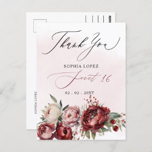 Elegant Burgundy Blush Floral Sweet 16 Thank You Postcard