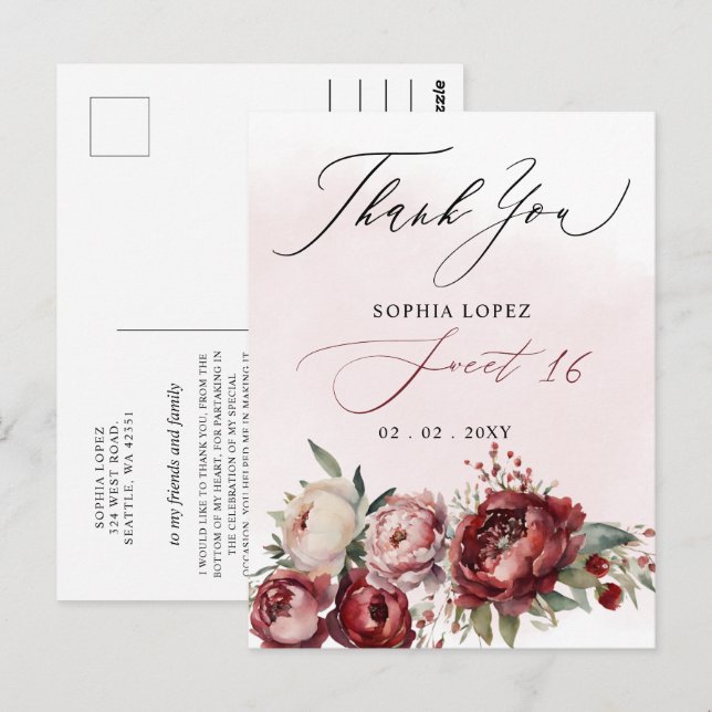 Elegant Burgundy Blush Floral Sweet 16 Thank You Postcard (Front/Back)