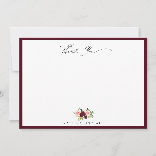 Elegant Burgundy Blush Floral Thank You Card (Front)