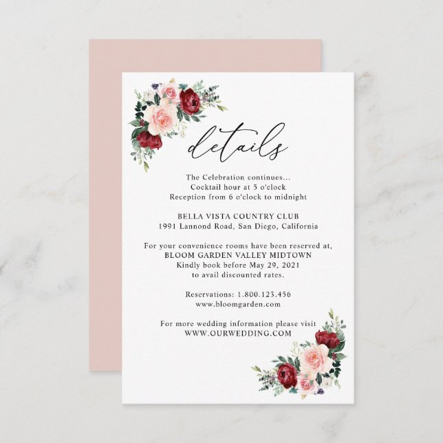 Elegant Burgundy Blush Floral Wedding Details Enclosure Card (Front/Back)