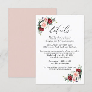 Elegant Burgundy Blush Floral Wedding Details Enclosure Card