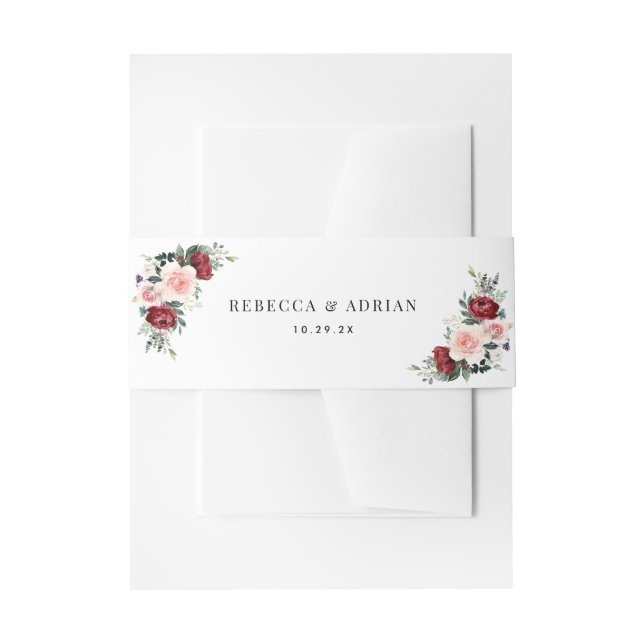 Elegant  Burgundy Blush Floral Wedding Invitation Belly Band (Front Example)